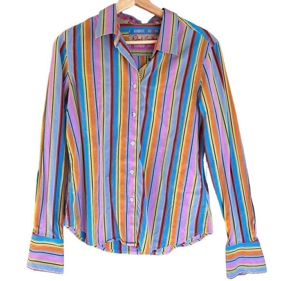 🐿️ Robert Graham Rainbow Striped Button Down Blouse Size 12 - Picture 1 of 9